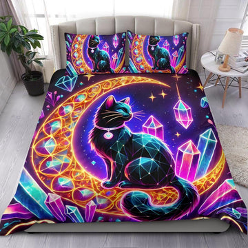 Crystal Moon Magic Black Cat Bedding Set Witchy Home Decor-MoonChildWorld