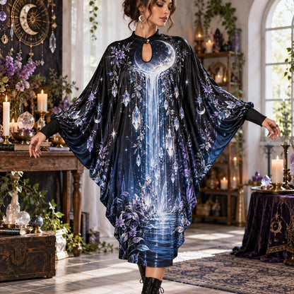 Crystal Moon Waterfall Celestial Batwing Dress – Witchy Gothic Midi – worn, front view