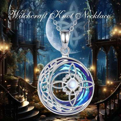 Sterling silver Crystal Moonstone Witch Knot Necklace with blue Celtic design, invoking powerful balance.
