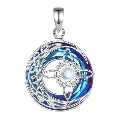 Sterling silver Crystal Moonstone Witch Knot amulet, featuring a vibrant blue and purple Celtic design.
