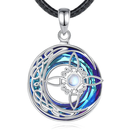 Sterling silver Crystal Moonstone Witch Knot necklace with a vibrant blue and purple crescent moon design.