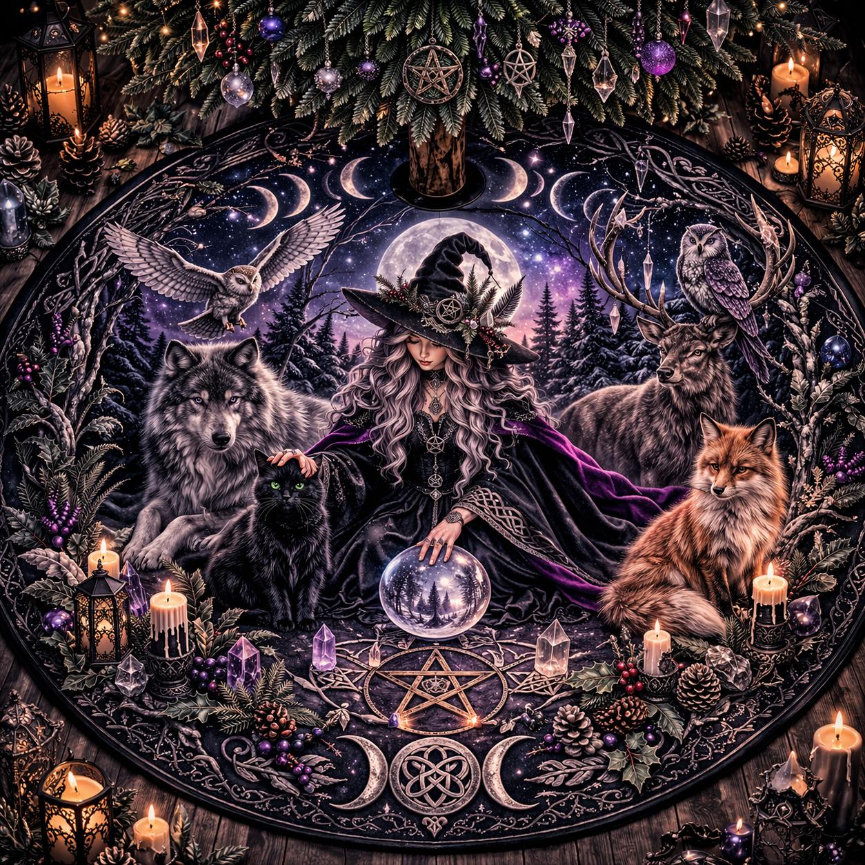 Gothic velvet tree skirt with a witch, black cat, wolf, fox, deer, owls, and moon phases under a dark Yule tree.
