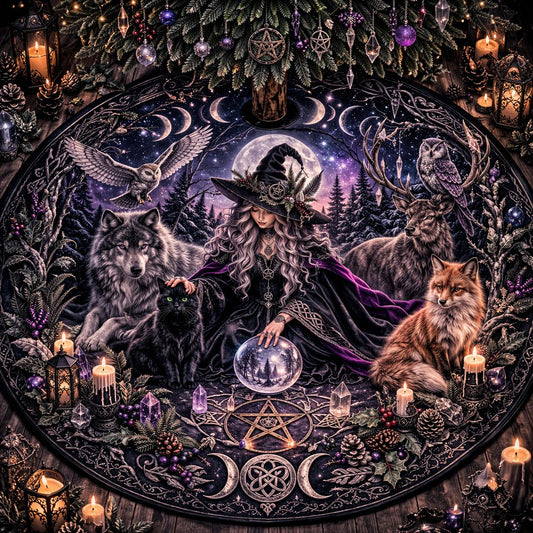 Gothic velvet tree skirt with a witch, black cat, wolf, fox, deer, owls, and moon phases under a dark Yule tree.