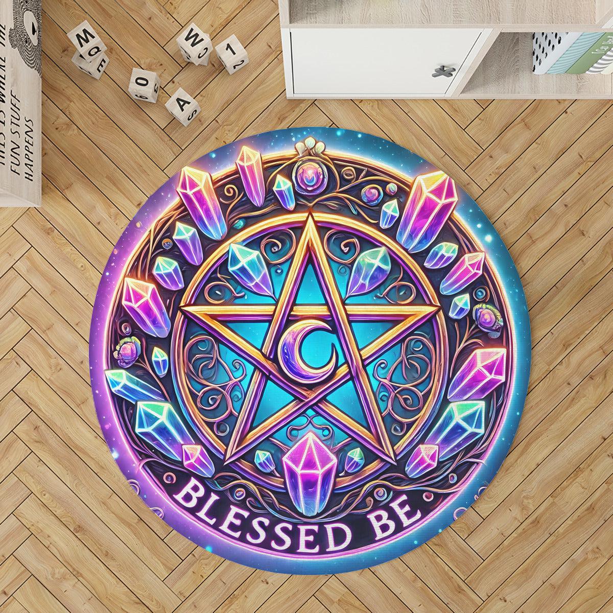 Crystal Pentacle Round Rug Blessed Be Wicca Carpet for Pagan Home Decor-MoonChildWorld