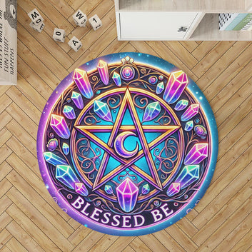 Crystal Pentacle Round Rug Blessed Be Wicca Carpet for Pagan Home Decor-MoonChildWorld