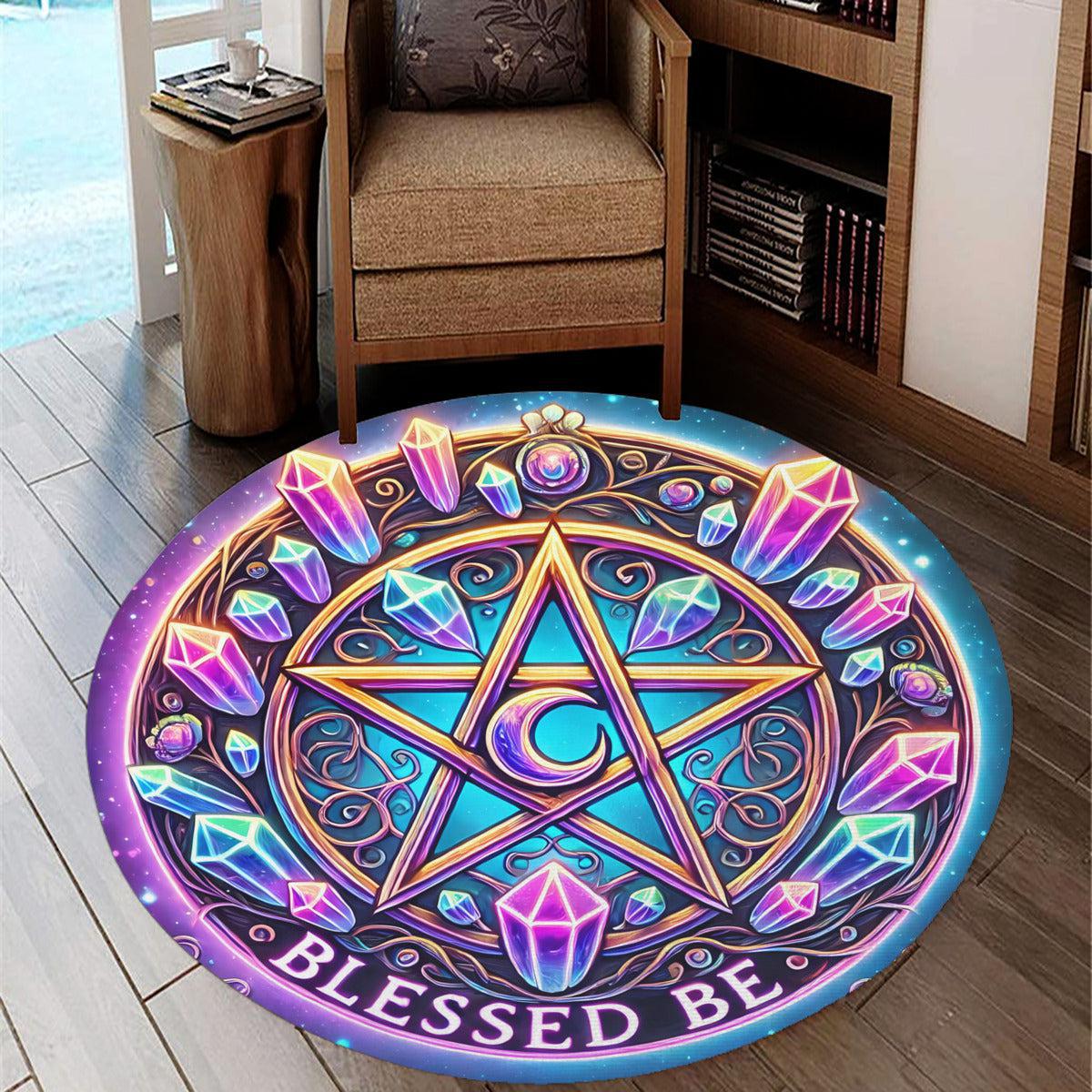 Crystal Pentacle Round Rug Blessed Be Wicca Carpet for Pagan Home Decor-MoonChildWorld