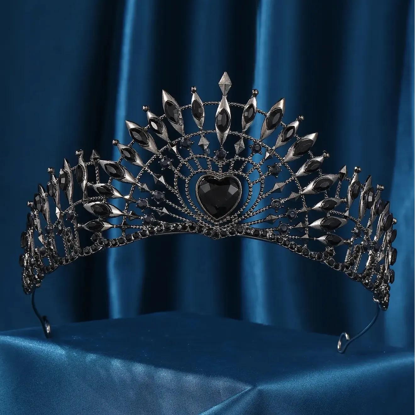 Crystal Rhinestone Black Heart Tiaras Halloween Gothic Witch Hair Accessory-MoonChildWorld