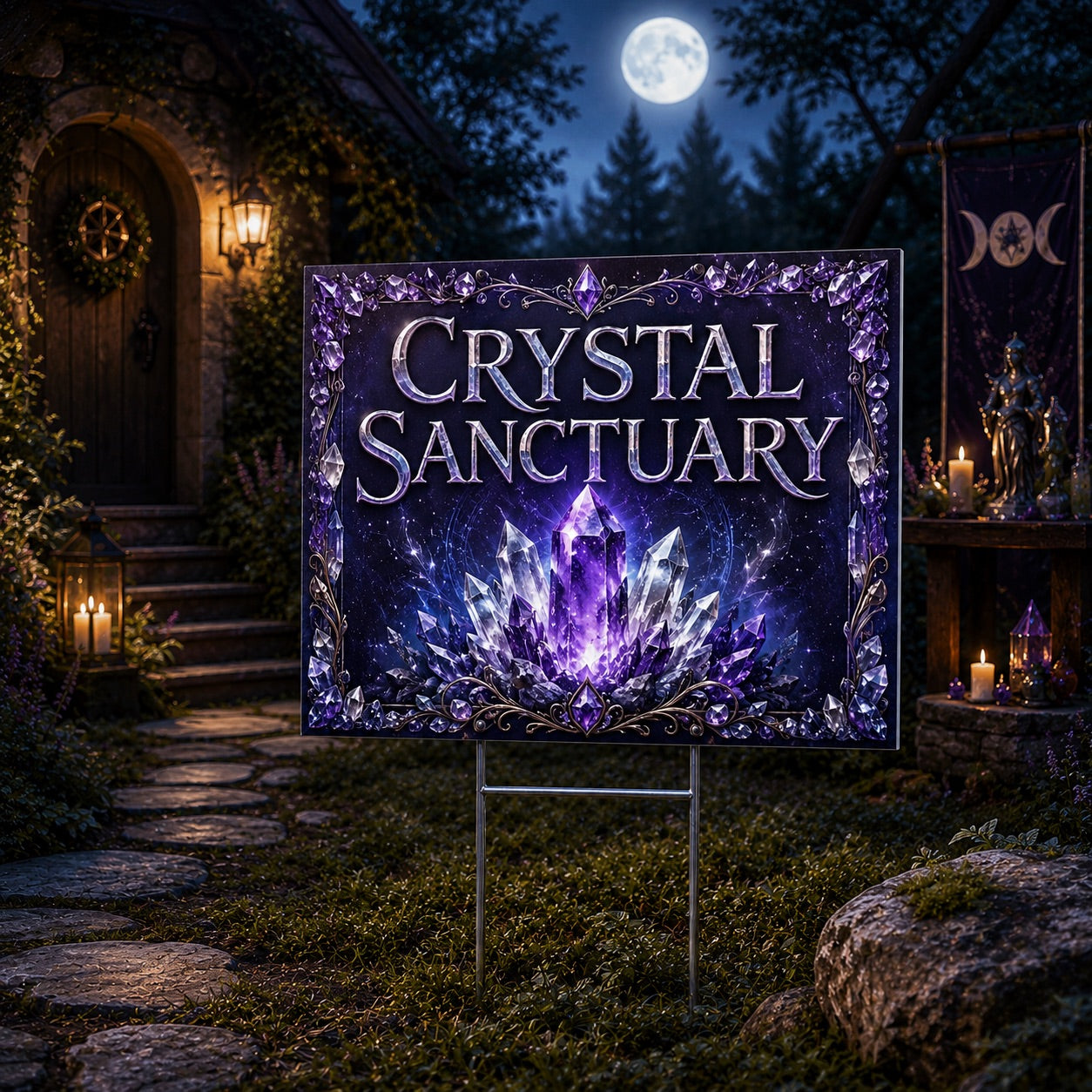 Crystal Sanctuary Amethyst Crystal Glow Wicca Yard Sign - porch scene