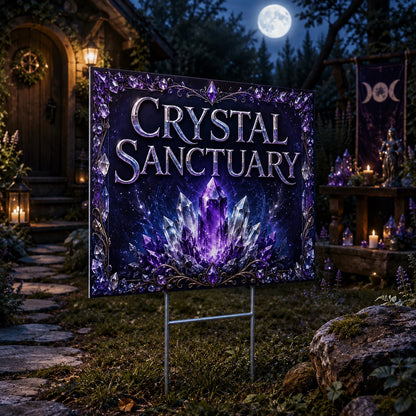 Crystal Sanctuary Amethyst Crystal Glow Wicca Yard Sign - garden display