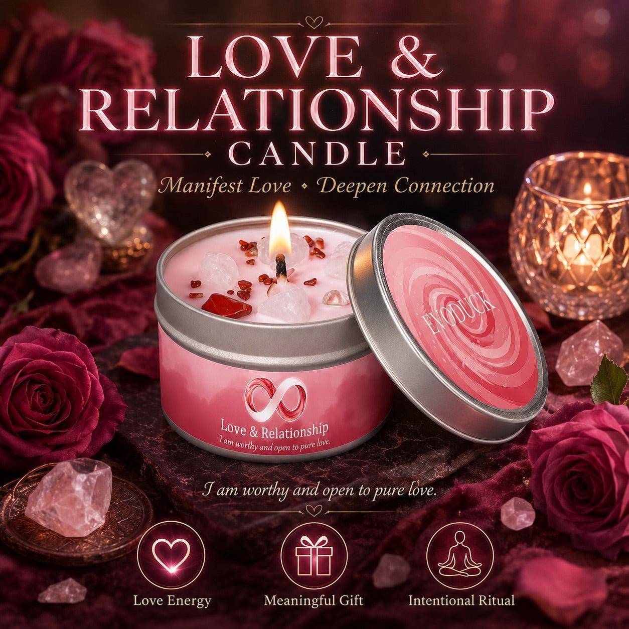 Love & Relationship candle with rose quartz crystals, roses, and lit candle for manifesting love