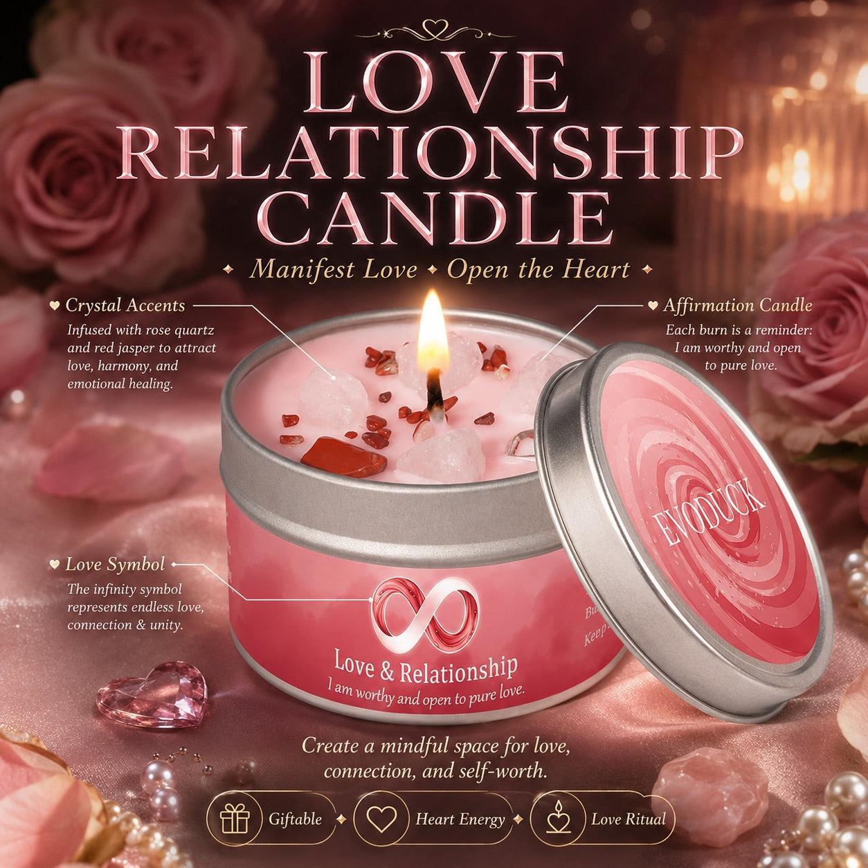 Love & Relationship candle with rose quartz and red jasper crystal accents, infinity love symbol