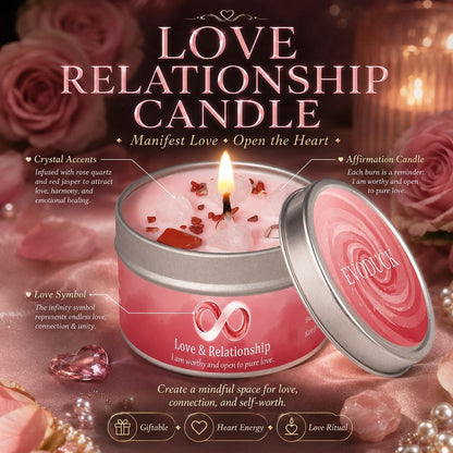 Love & Relationship candle with rose quartz and red jasper crystal accents, infinity love symbol