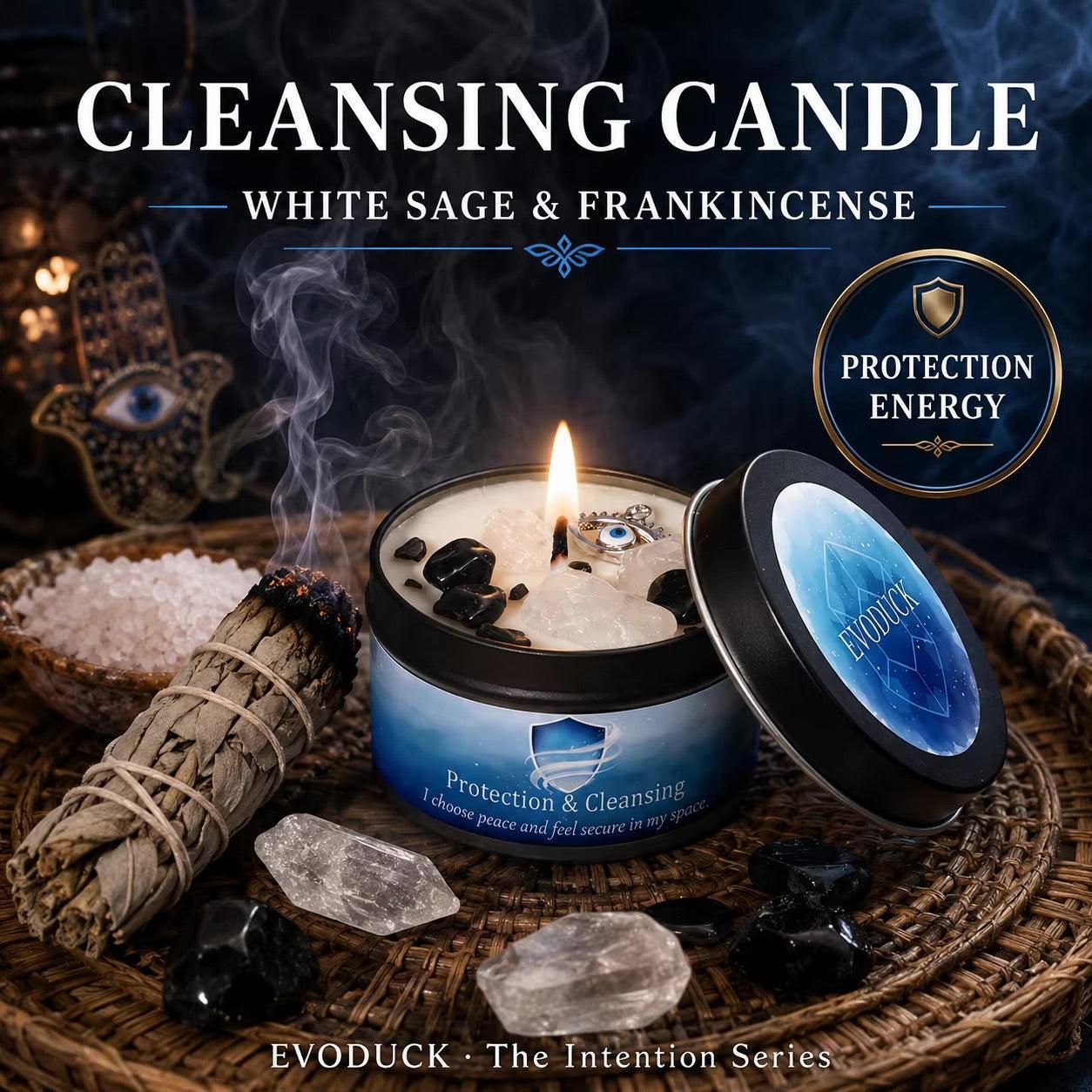 Protection & Cleansing candle with white sage and frankincense, smudge bundle and crystals