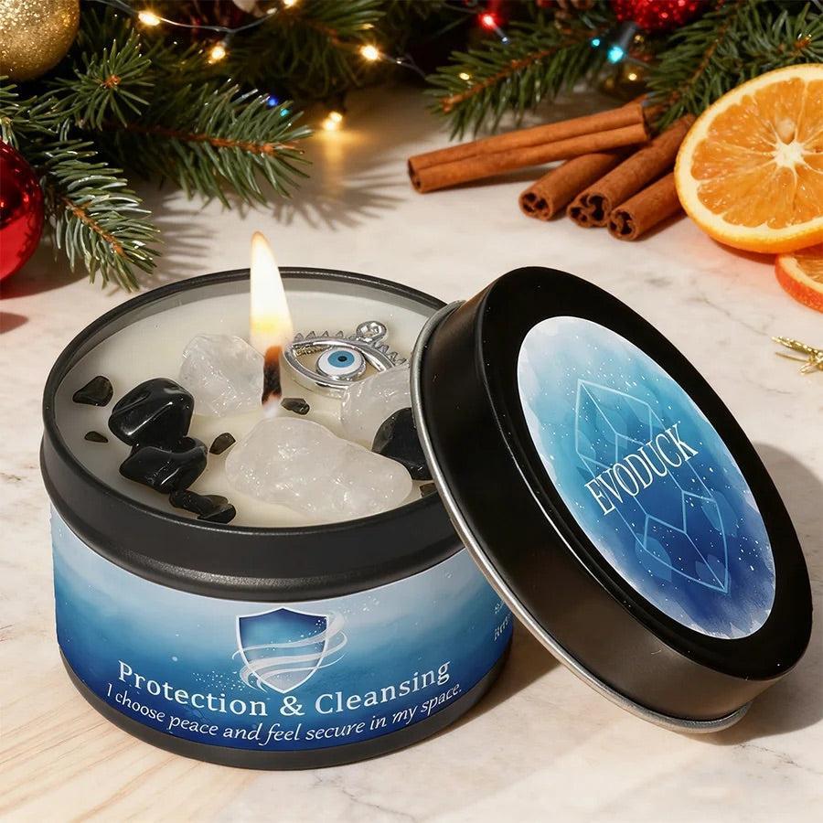 Protection & Cleansing candle lit with black tourmaline and quartz crystals, evil eye charm