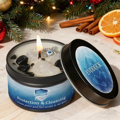 Protection & Cleansing candle lit with black tourmaline and quartz crystals, evil eye charm