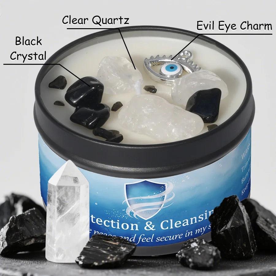 Protection & Cleansing candle labeled with clear quartz, black crystal, and evil eye charm