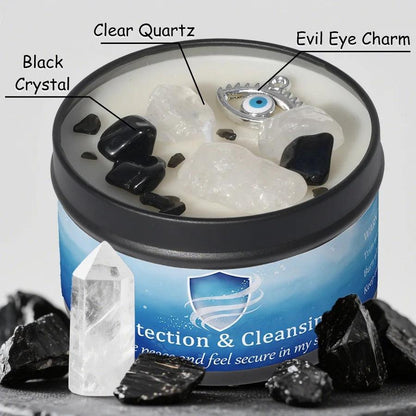 Protection & Cleansing candle labeled with clear quartz, black crystal, and evil eye charm