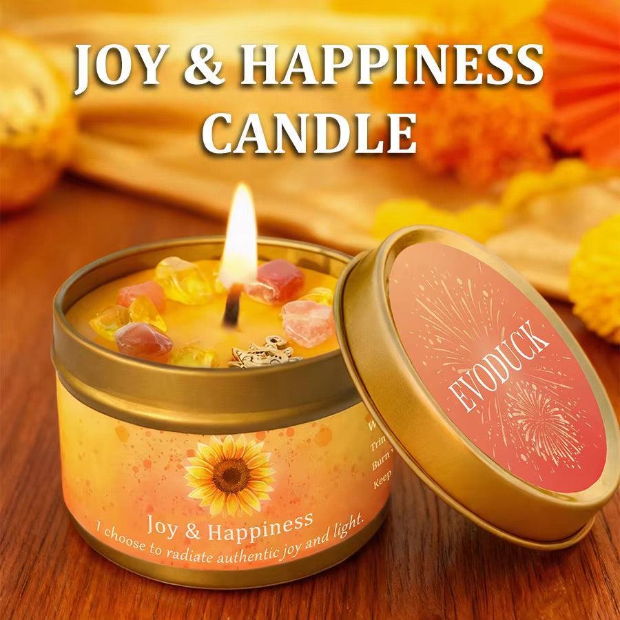 Joy & Happiness candle lit with citrine crystals in gold tin