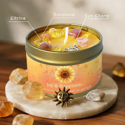 Joy & Happiness candle labeled with citrine, sunstone crystals, and sun charm