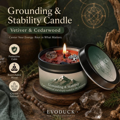 Grounding & Stability Vetiver and Cedarwood candle lit with crystals for root chakra energy