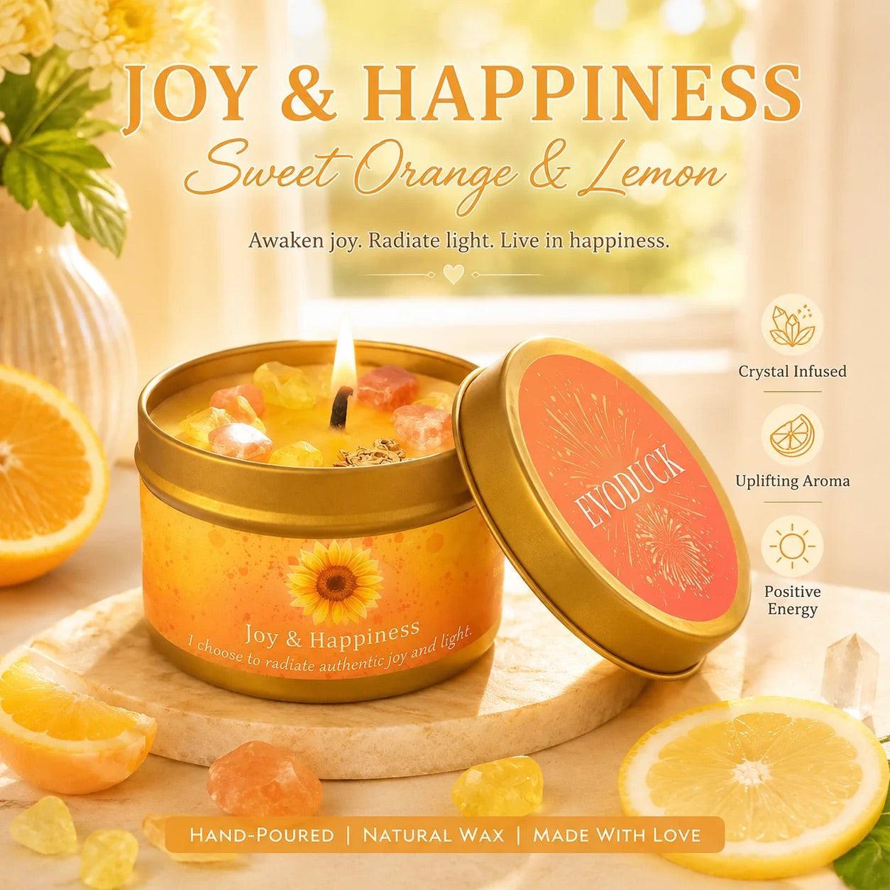 Joy & Happiness Sweet Orange and Lemon candle with citrus slices and crystals