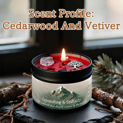 Grounding & Stability Cedarwood and Vetiver candle lit with crystal and tree charm