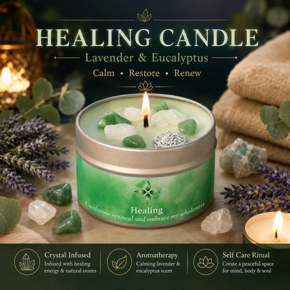 Healing Lavender and Eucalyptus candle lit with crystals for self care ritual