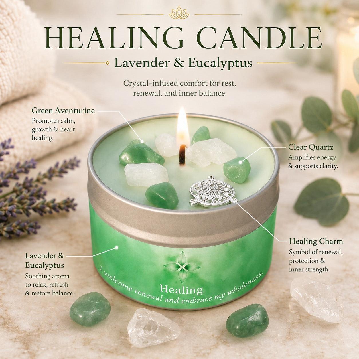 Healing candle labeled with green aventurine, clear quartz crystals, and healing charm