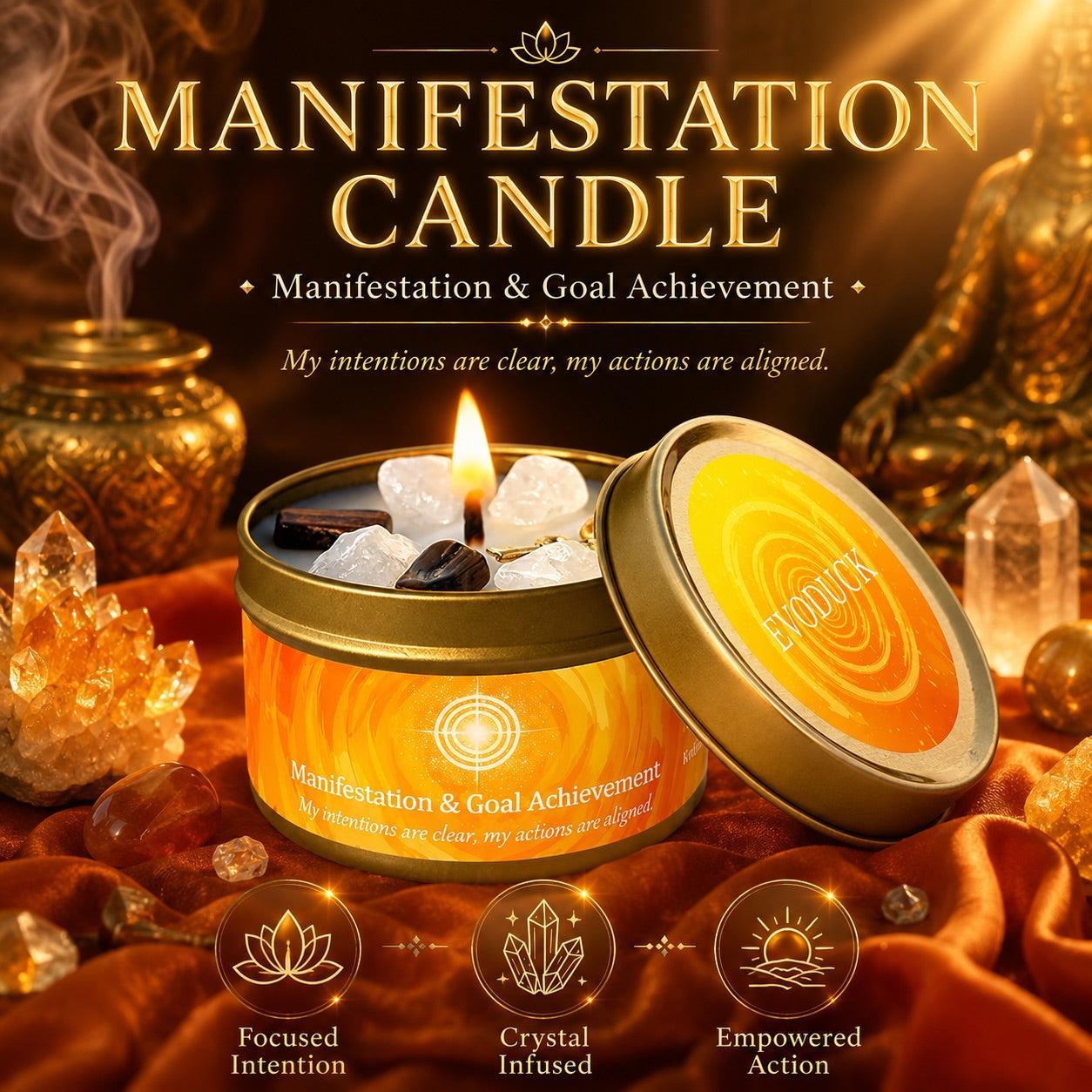 Manifestation & Goal Achievement candle lit with citrine crystals for focused intention