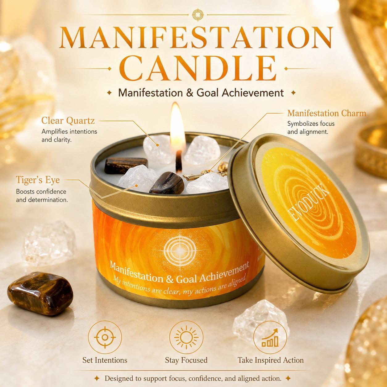 Manifestation candle labeled with clear quartz, tiger's eye crystals, and manifestation charm