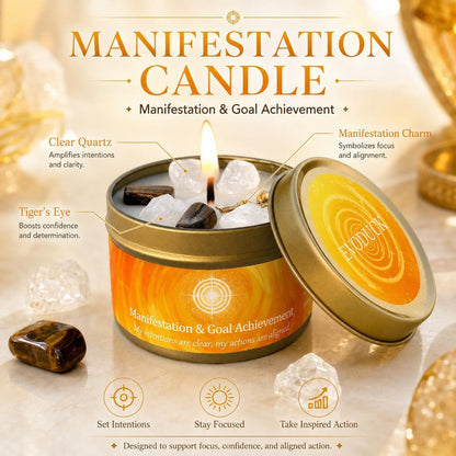 Manifestation candle labeled with clear quartz, tiger's eye crystals, and manifestation charm