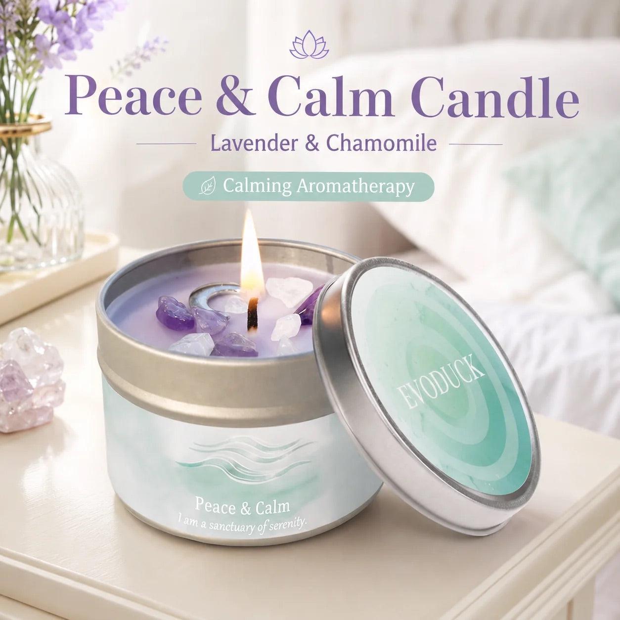 Peace & Calm Lavender and Chamomile candle lit with amethyst crystals for calming aromatherapy