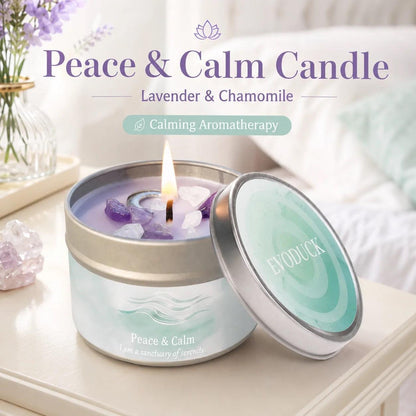 Peace & Calm Lavender and Chamomile candle lit with amethyst crystals for calming aromatherapy