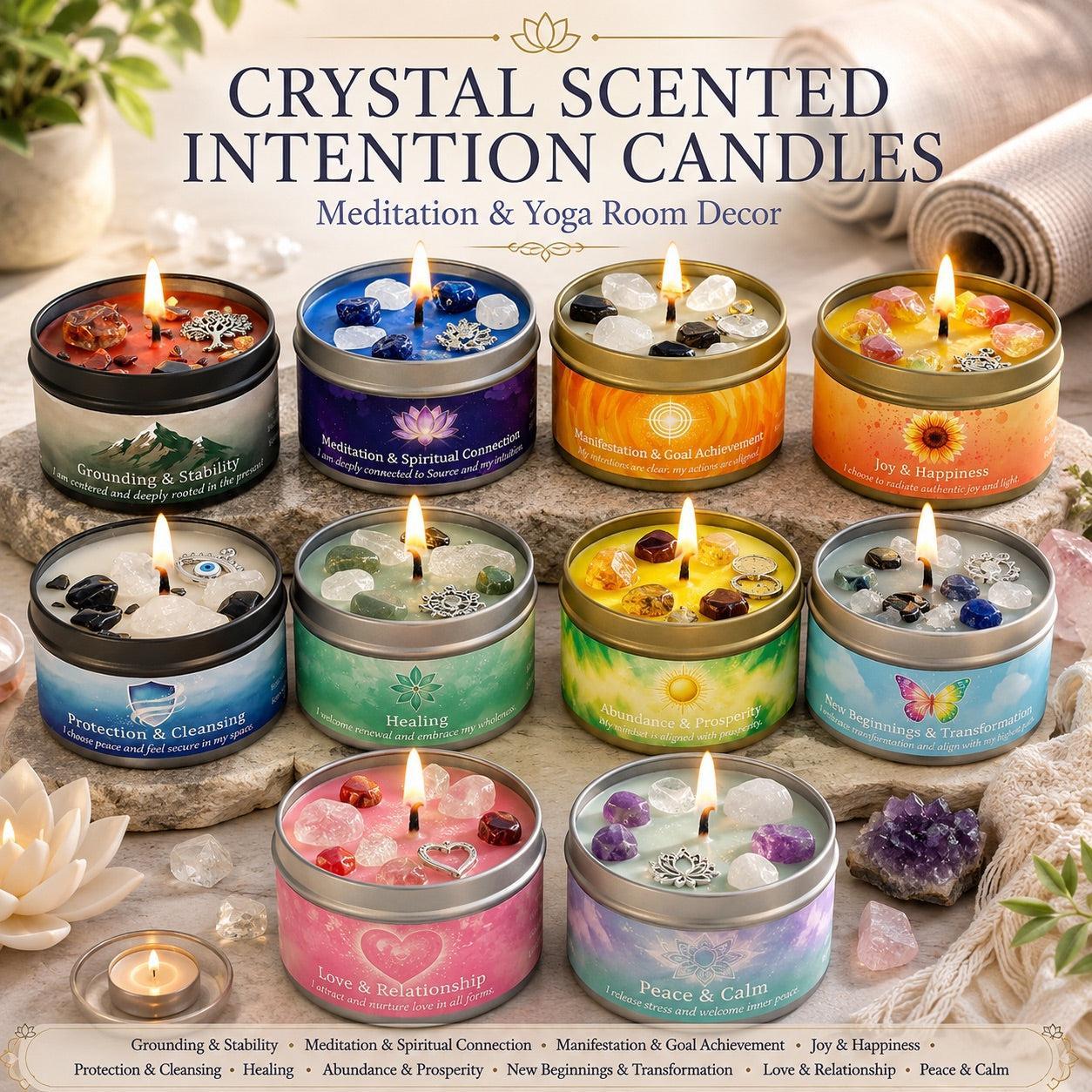 Eight crystal scented intention candles collection for meditation and yoga room decor