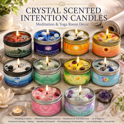 Eight crystal scented intention candles collection for meditation and yoga room decor