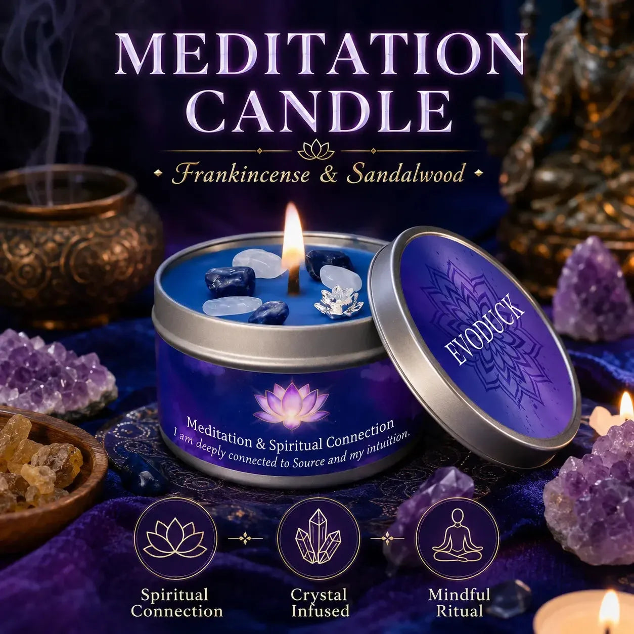 Frankincense and Sandalwood Meditation Candle with crystals and incense