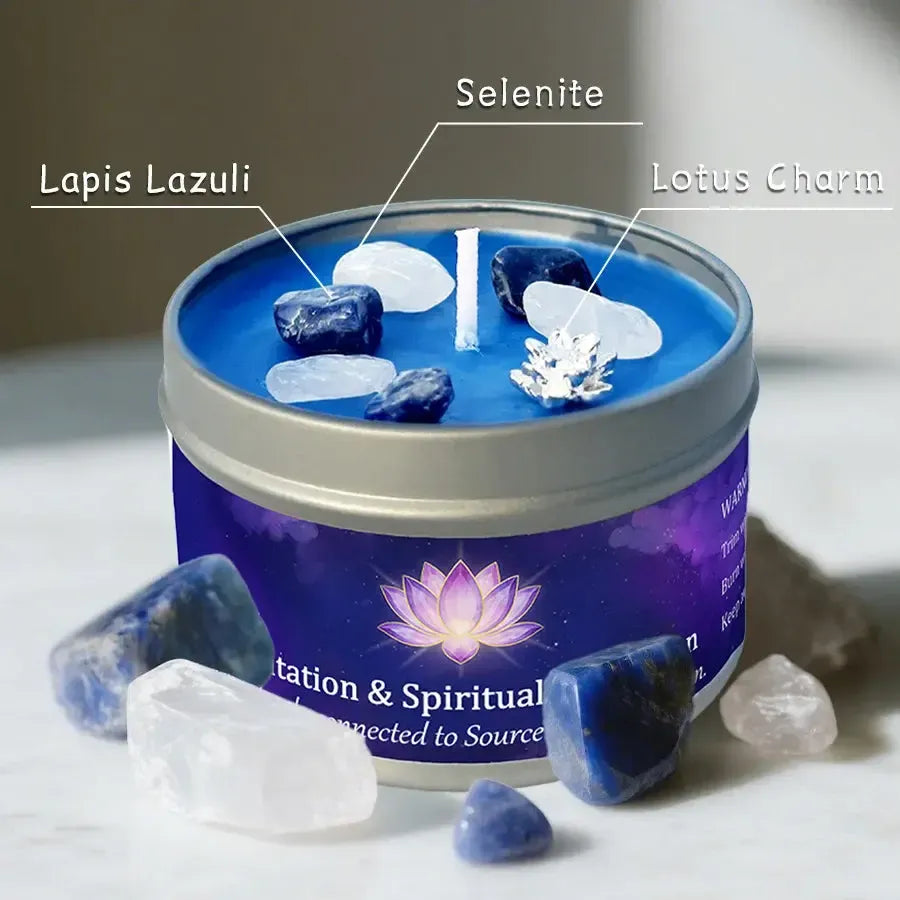 Meditation & Spiritual Connection candle labeled with lapis lazuli, selenite, and lotus charm