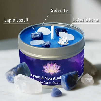 Meditation & Spiritual Connection candle labeled with lapis lazuli, selenite, and lotus charm