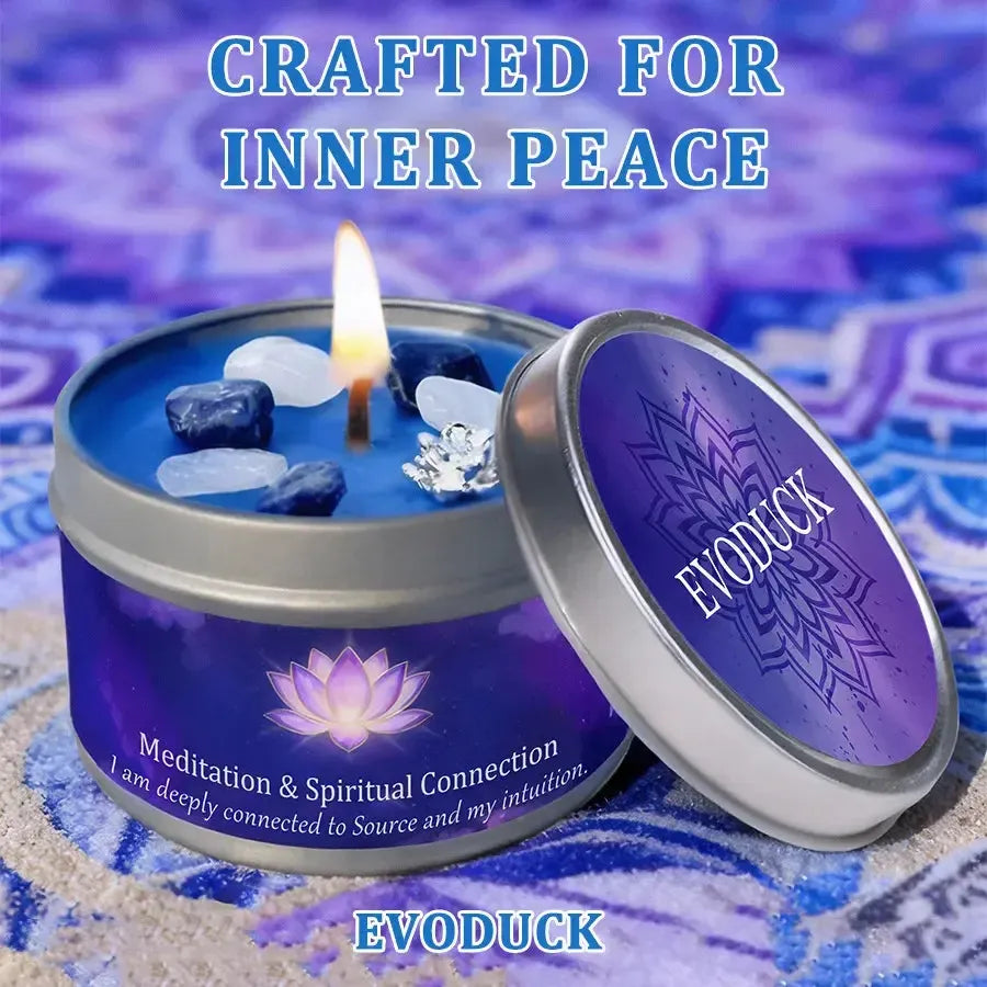 Meditation & Spiritual Connection candle lit in purple tin, crafted for inner peace