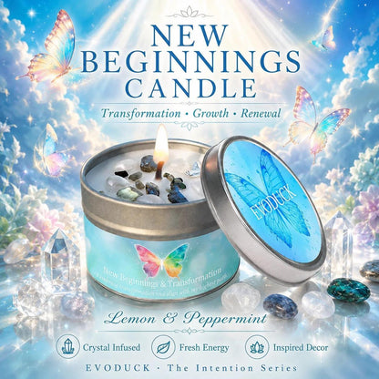 New Beginnings Lemon and Peppermint candle with crystals and butterflies for transformation