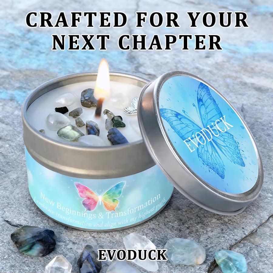 New Beginnings & Transformation candle lit with crystals, crafted for your next chapter