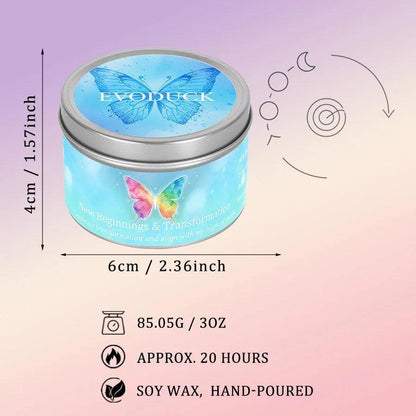 New Beginnings candle specifications: size, weight, burn time, and soy wax material