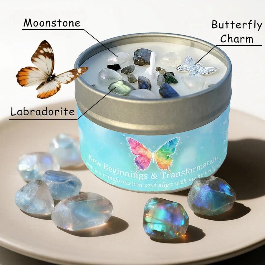 New Beginnings candle labeled with moonstone, labradorite crystals, and butterfly charm