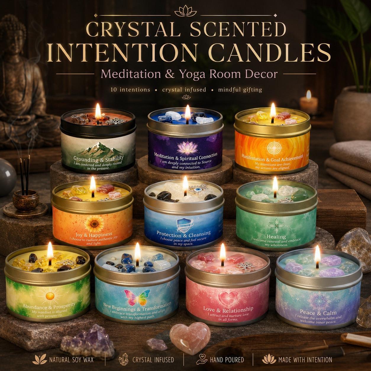Crystal Scented Intention Candles collection with 10 intentions for meditation and yoga room decor