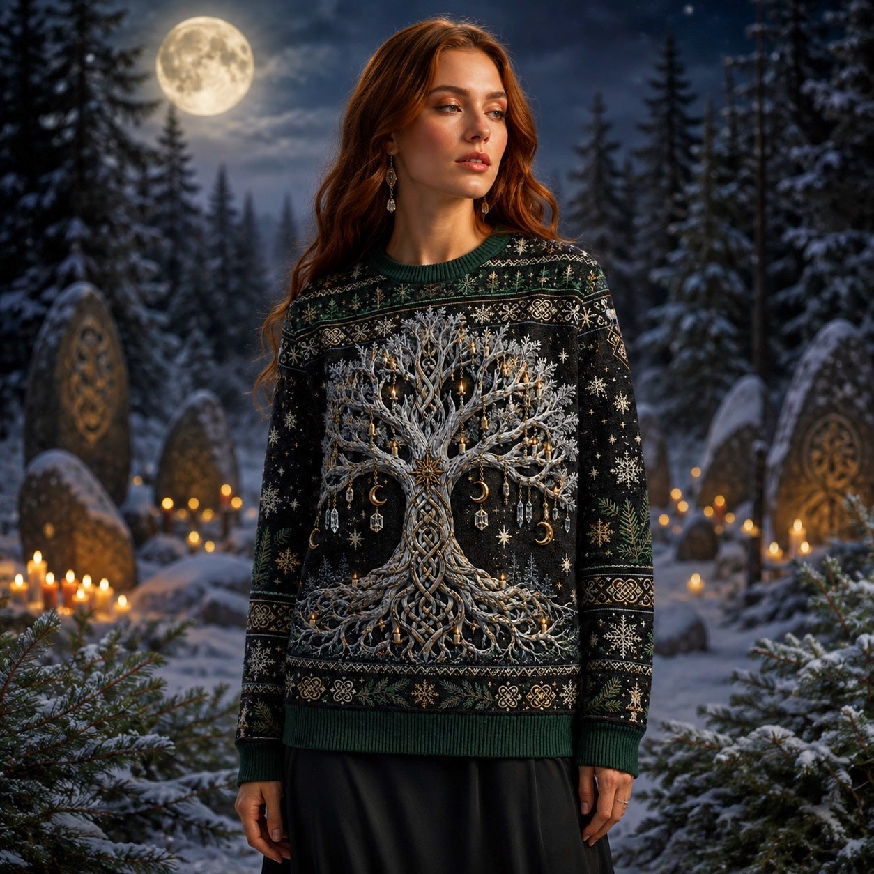 Crystal Tree Of Life Sweater Snowflake Silver Winter Knit worn, front view