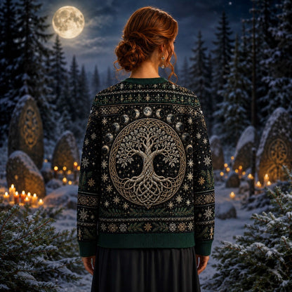 Crystal Tree Of Life Sweater Snowflake Silver Winter Knit worn, back view
