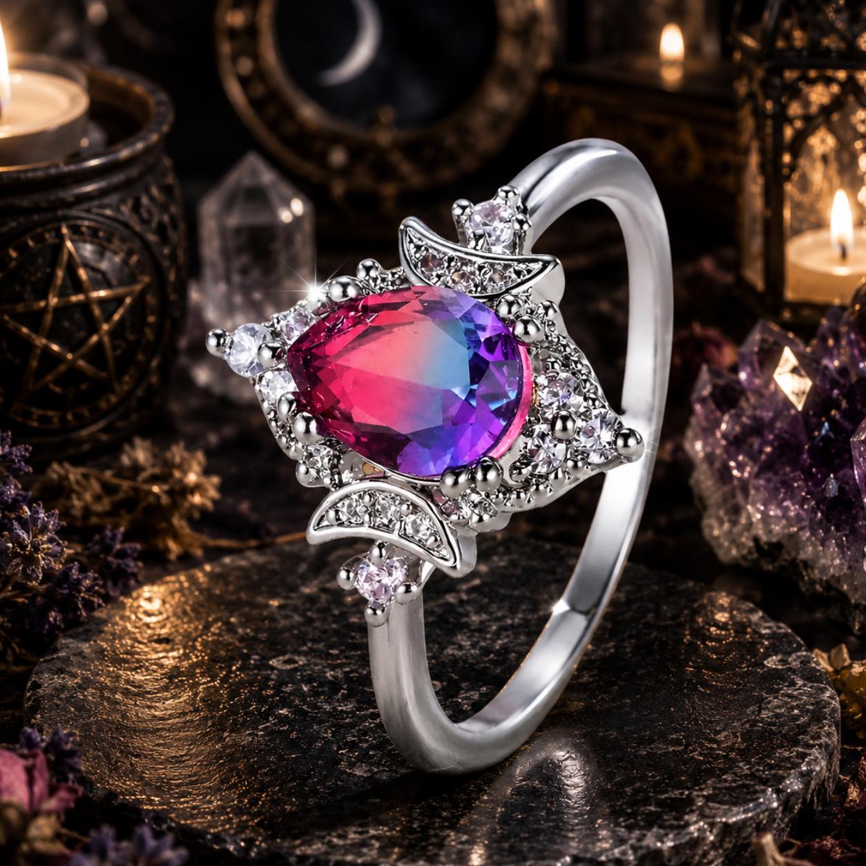Crystal Triple Moon Ring Wiccan Jewelry-MoonChildWorld