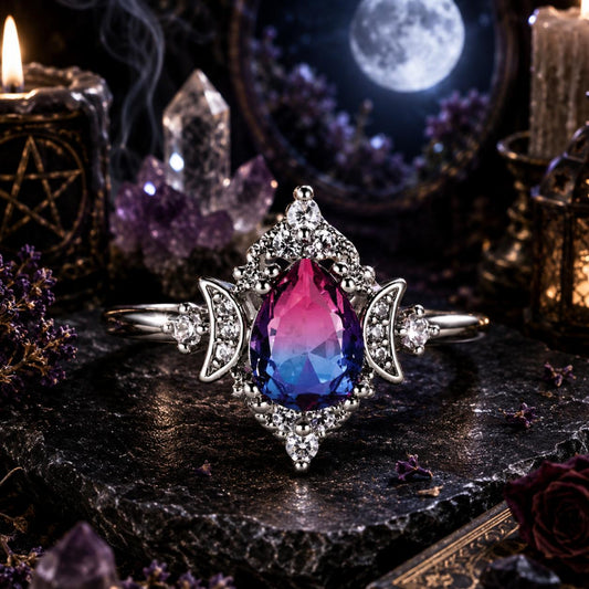 Silver triple moon ring with a large pink-to-blue crystal and sparkling clear stones.