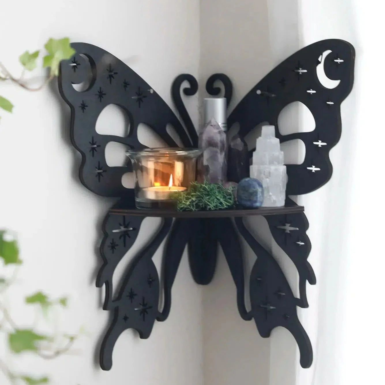 Crystal Wall Shelf Wooden Butterfly Lotus Moth Crystal Hanging Shelf-MoonChildWorld