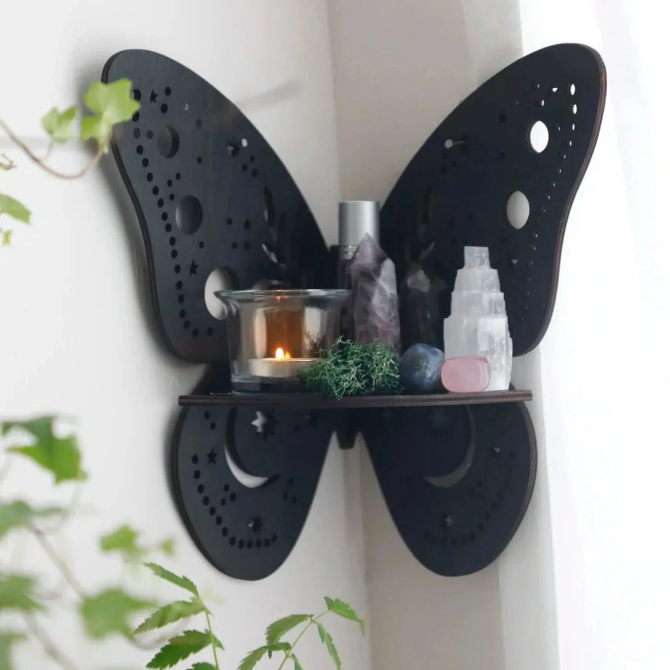 Crystal Wall Shelf Wooden Butterfly Lotus Moth Crystal Hanging Shelf-MoonChildWorld